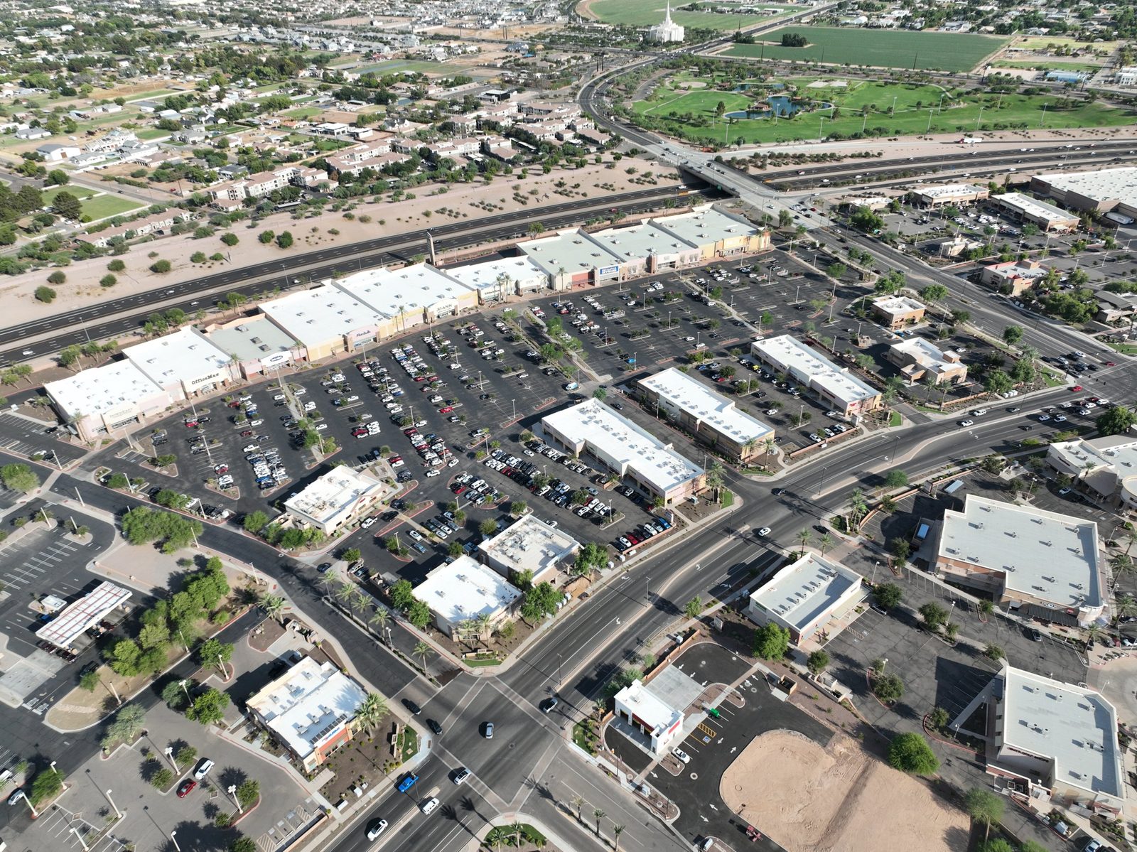 Aerial view of SanTan Village Marketplace beside Loop 202 in Gilbert