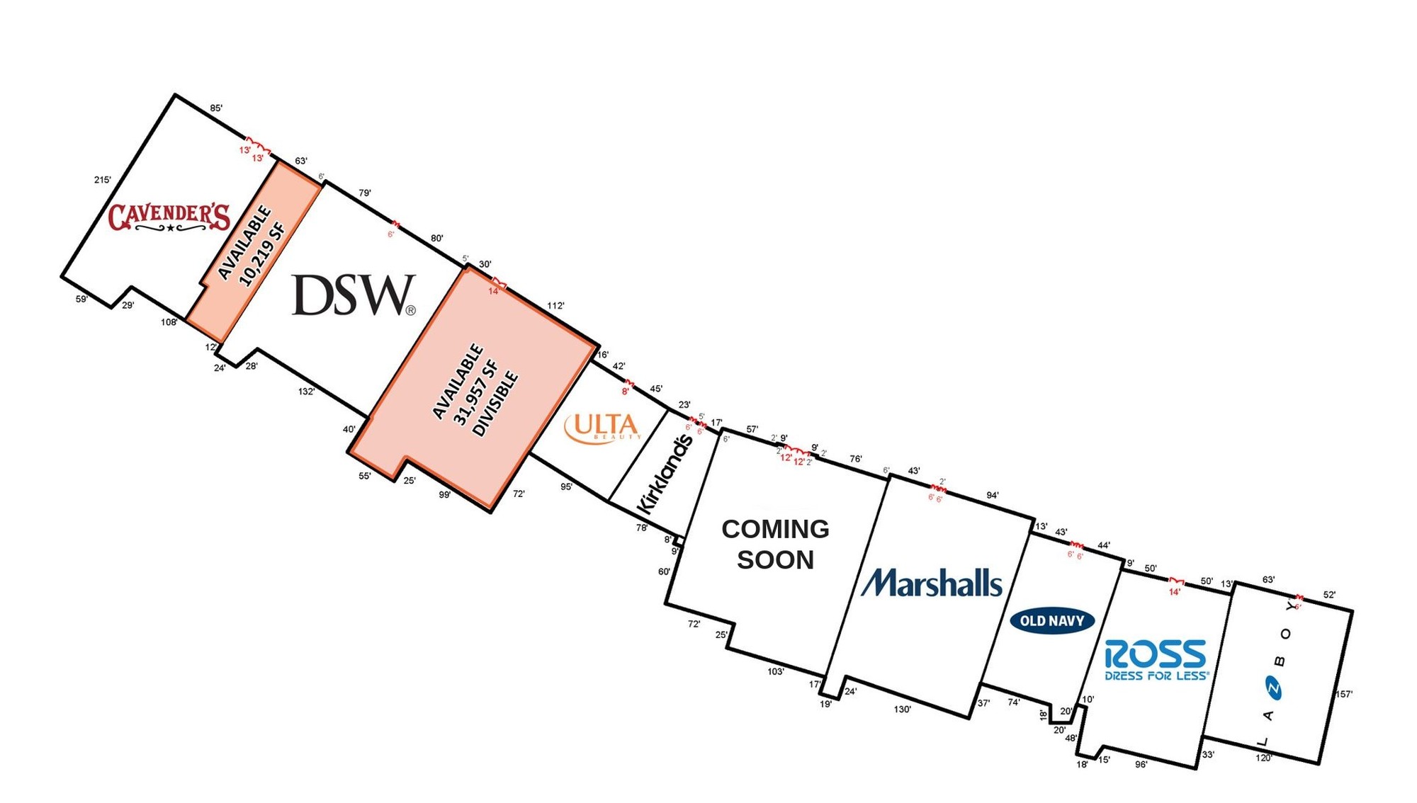 Anchor building plan with dimensions, showing the available 10,219 SF and 31,957 SF spaces between Cavender's, DSW and Ulta