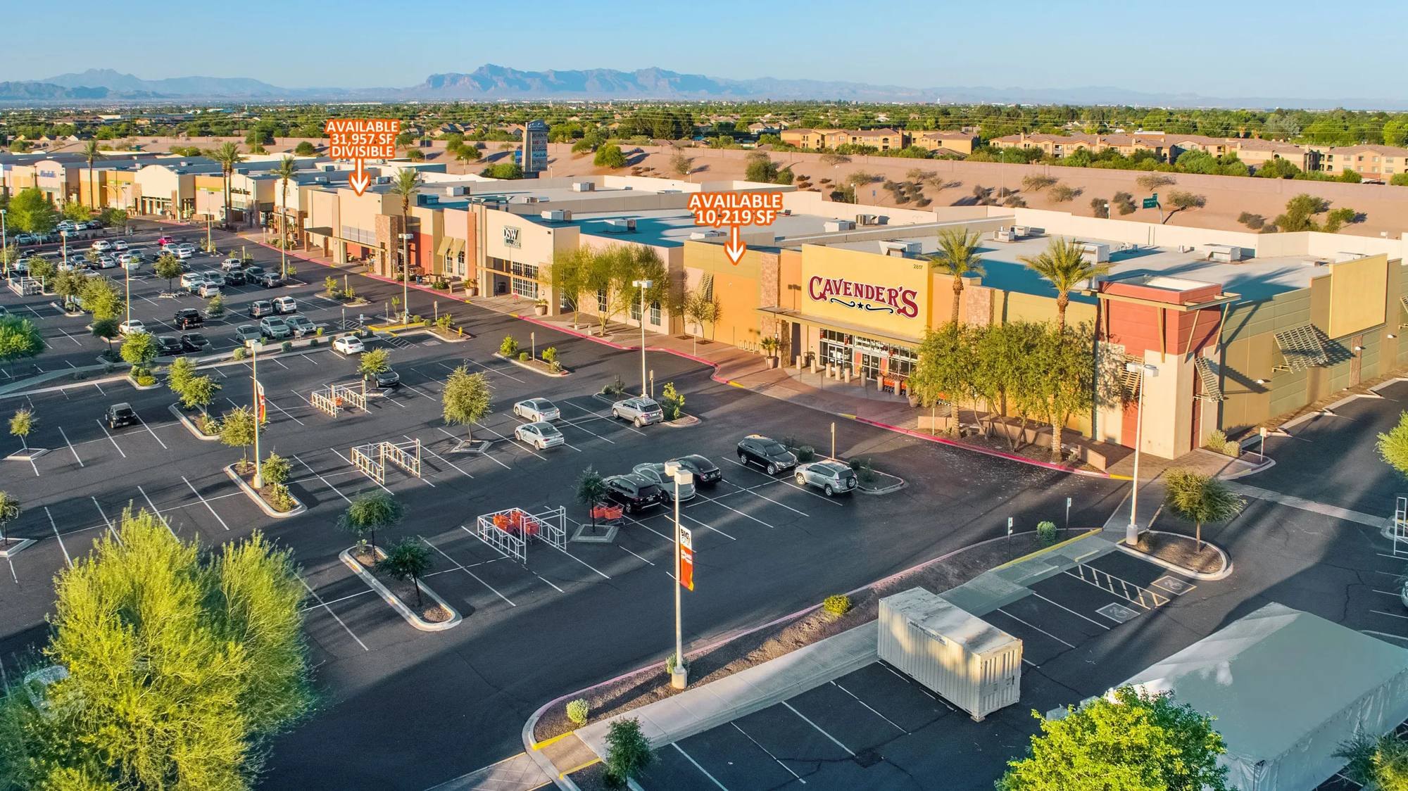 Aerial of SanTan Village Marketplace showing Cavender's and the two available anchor spaces of 10,219 and 31,957 square feet