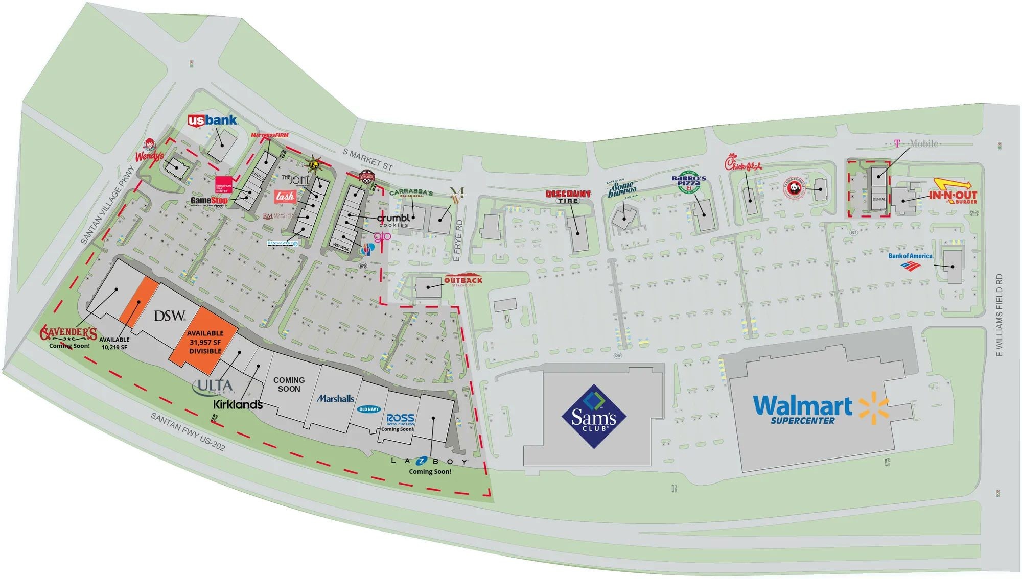 Site plan of SanTan Village Marketplace showing tenant locations, the two available spaces, Walmart Supercenter, Sam's Club and surrounding streets