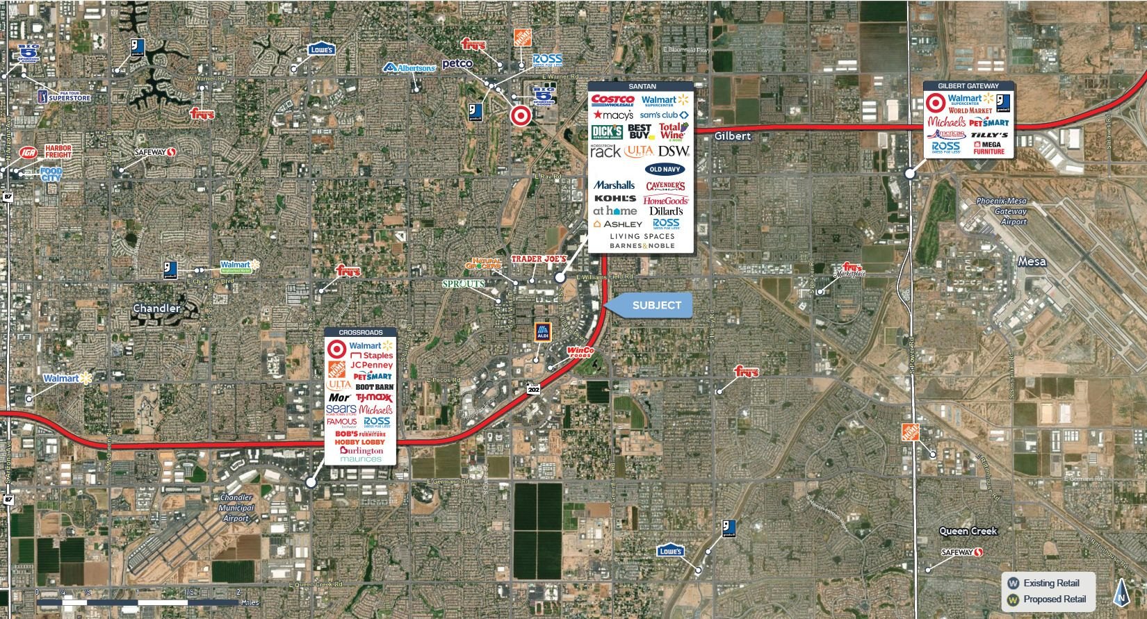 Regional map of the southeast Valley showing SanTan Village Marketplace on Loop 202 in the southeast Valley